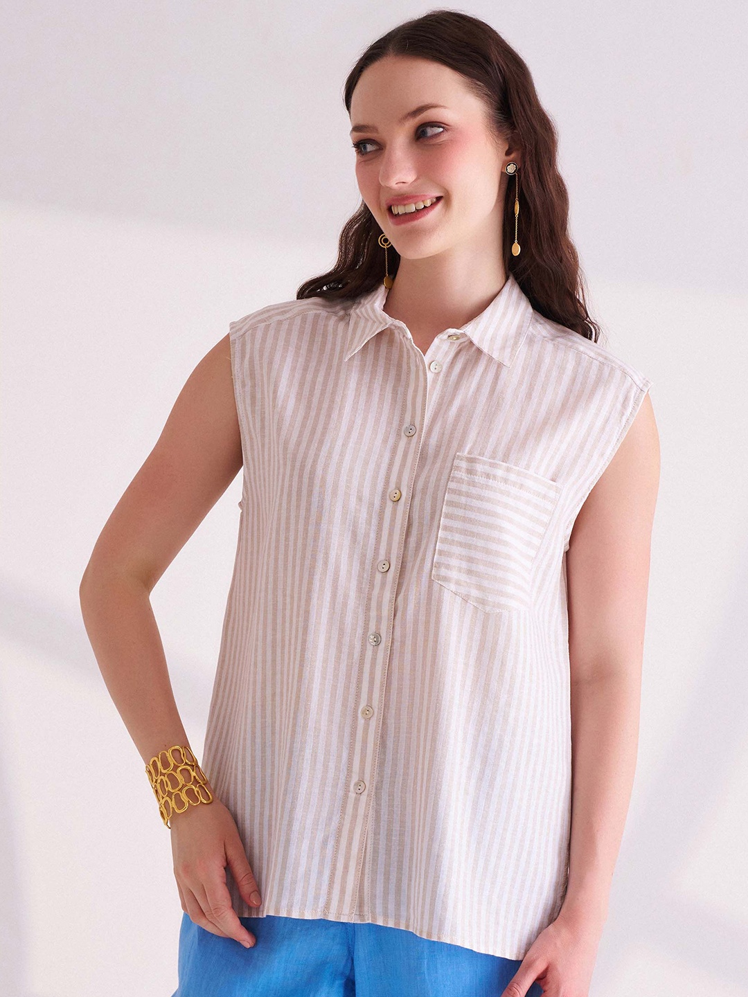 

B.Copenhagen Women Striped Casual Shirt, Beige