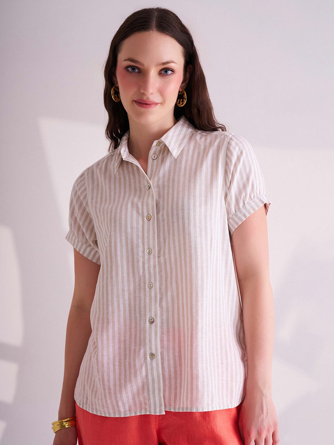 

B.Copenhagen Women Striped Casual Shirt, Beige