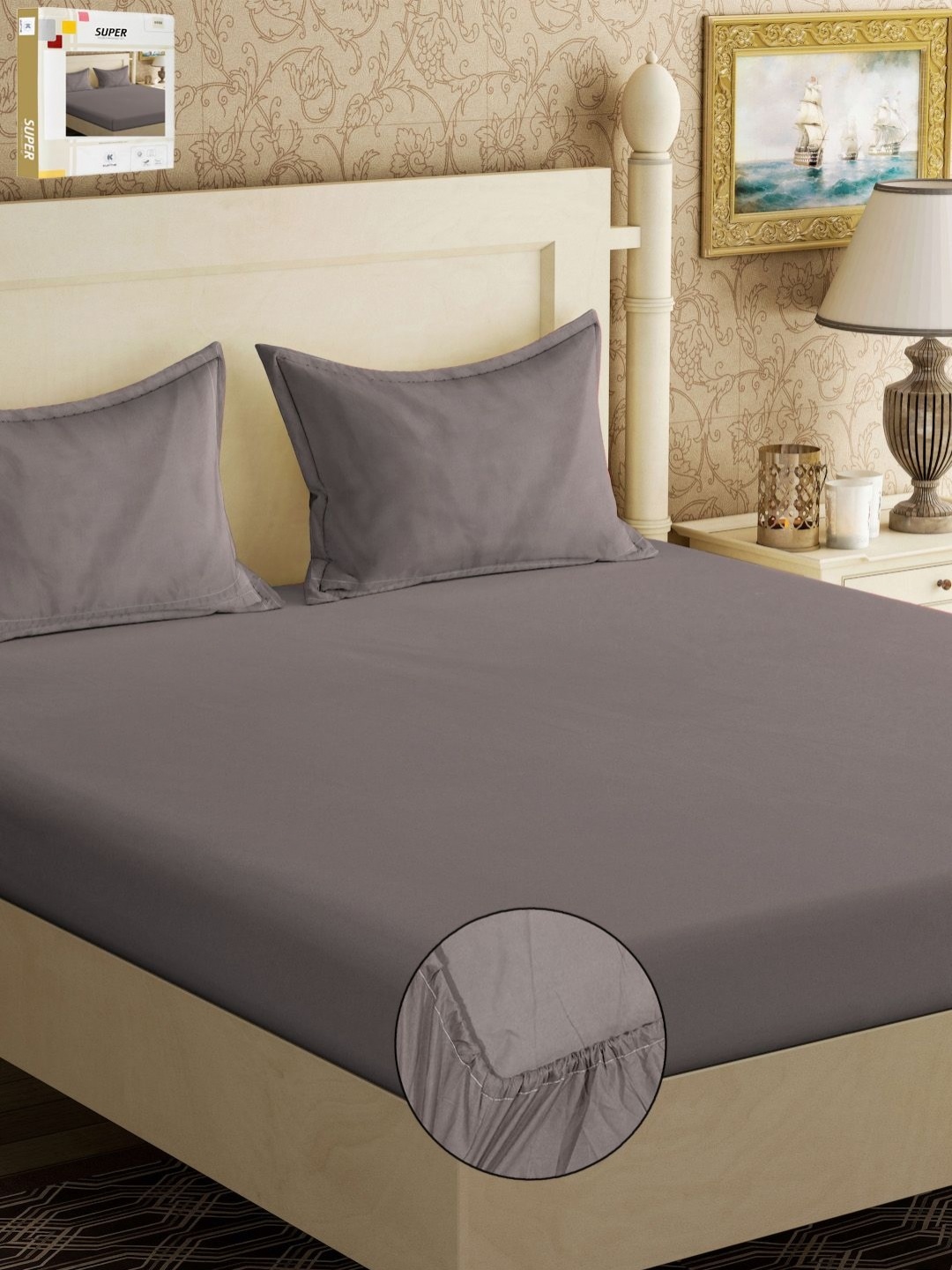 

KLOTTHE Grey Solid 300 TC Cotton Blend Fitted Double King Bedsheet with 2 Pillow Covers