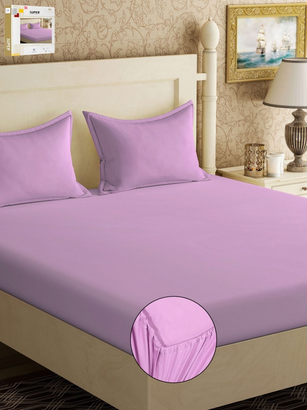 

KLOTTHE Purple Solid 300 TC Cotton Blend Fitted Double King Bedsheet with 2 Pillow Covers