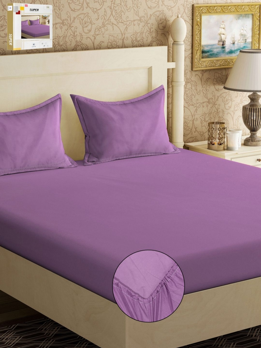 

KLOTTHE Purple Solid 300 TC Cotton Blend Fitted Double King Bedsheet with 2 Pillow Covers