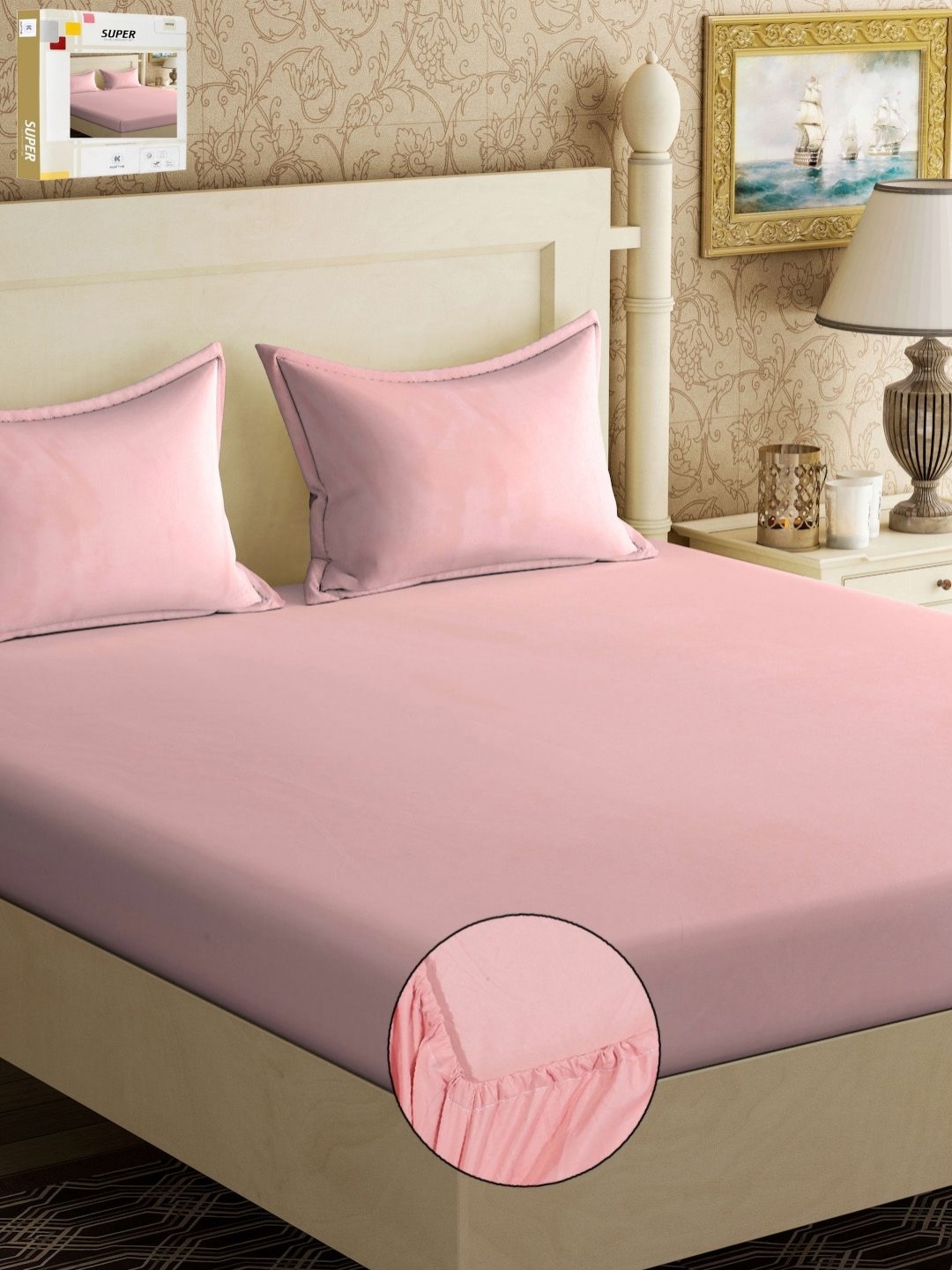 

KLOTTHE Pink Solid 300 TC Fitted Double King Bedsheet with 2 Pillow Covers