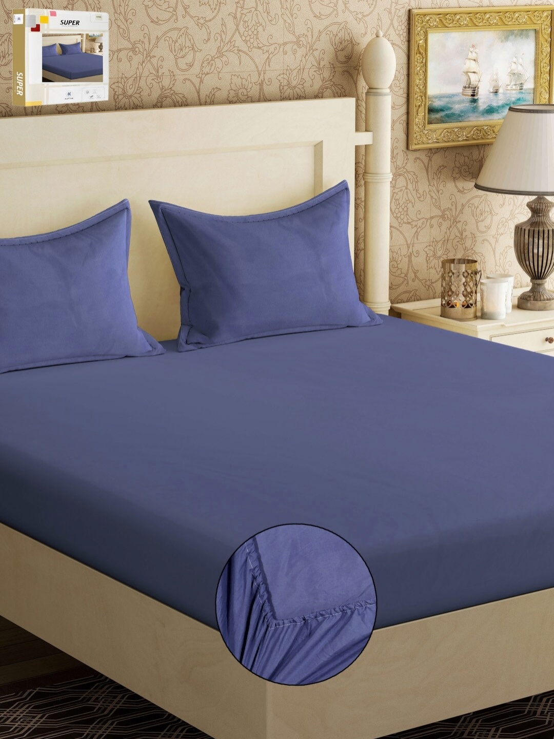 

KLOTTHE Blue Solid 300 TC Cotton Blend Fitted Double King Bedsheet with 2 Pillow Covers