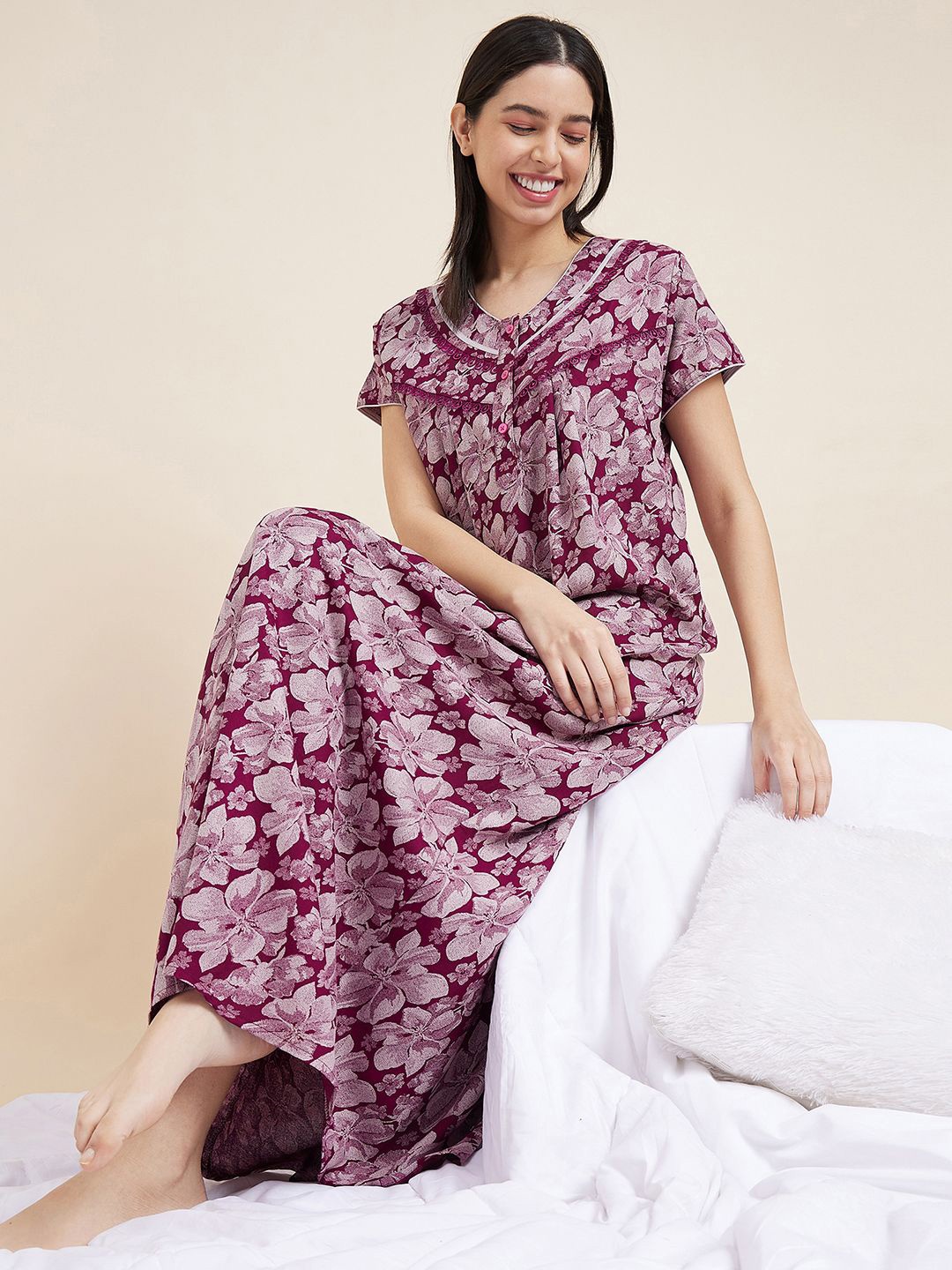 

Sweet Dreams Maroon Pure Cotton Printed Maxi Nightdress