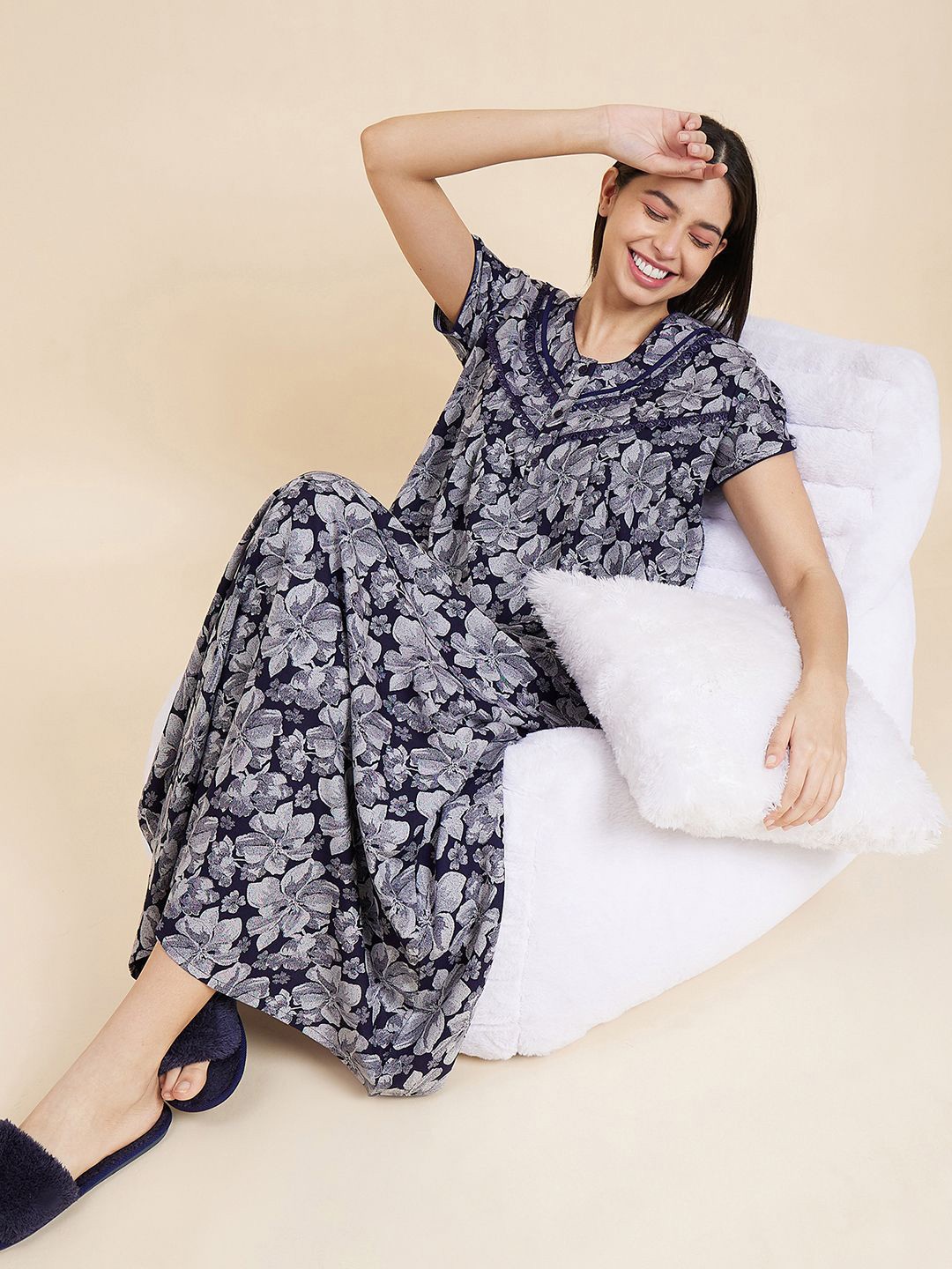 

Sweet Dreams Navy Blue & Grey Floral Printed Pure Cotton Maxi Nightdress