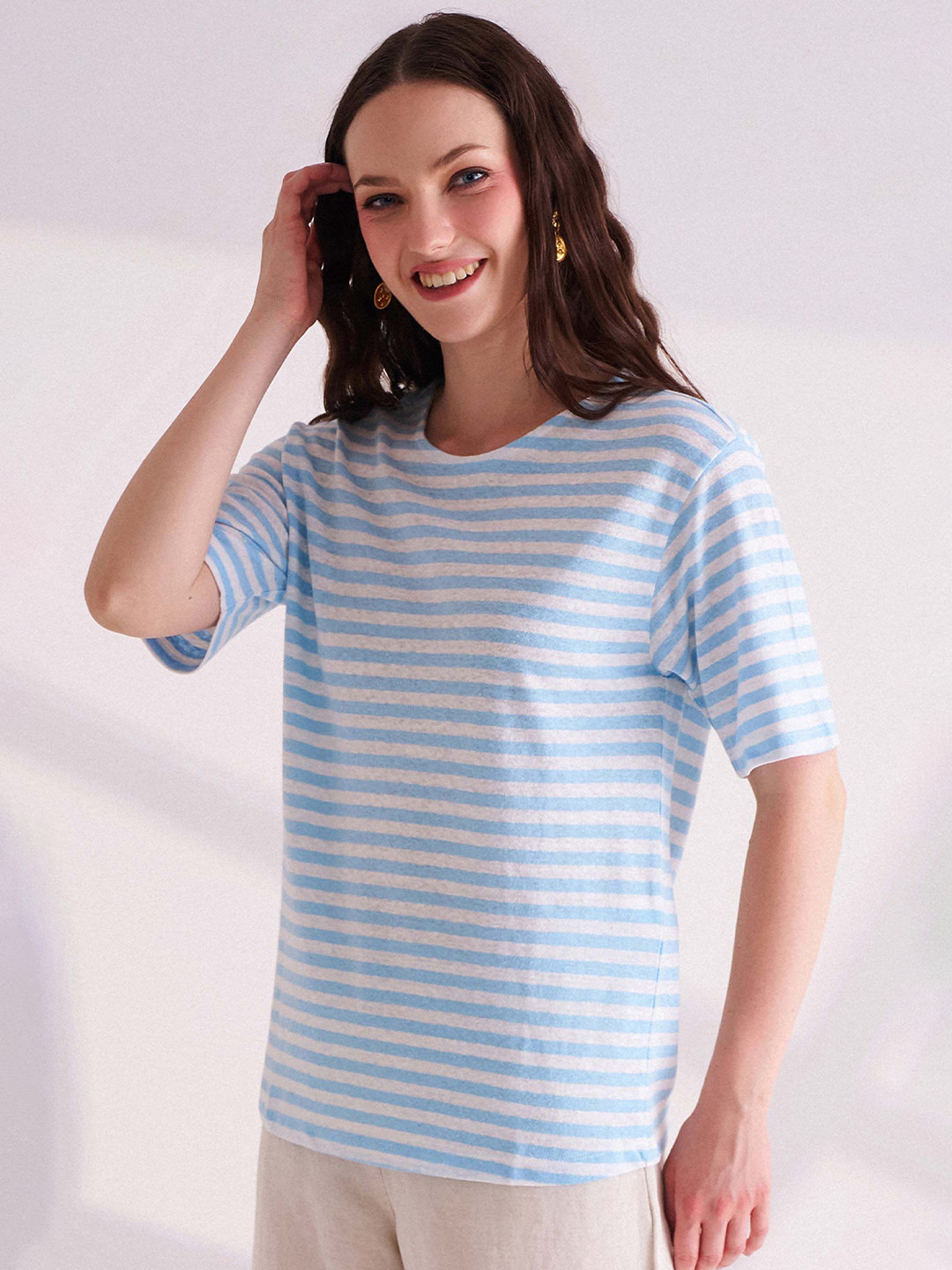 

B.Copenhagen Women Striped Round Neck Relaxed Fit T-shirt, Blue
