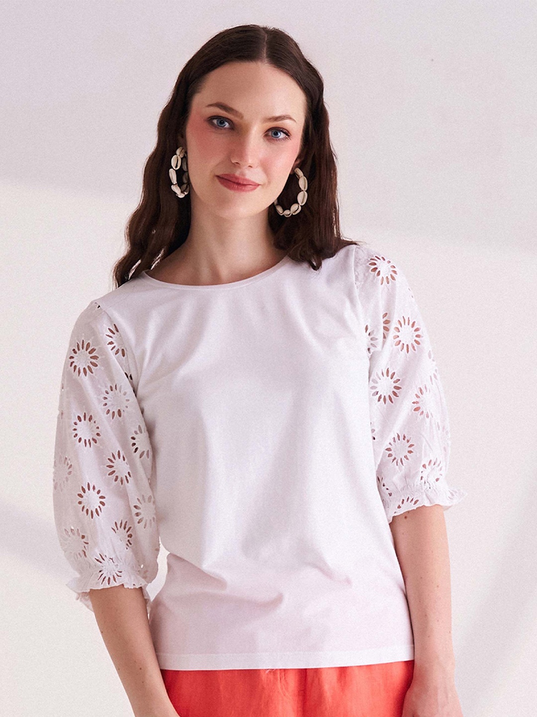 

B.Copenhagen Women Self Design Knits Round Neck T-shirt, White