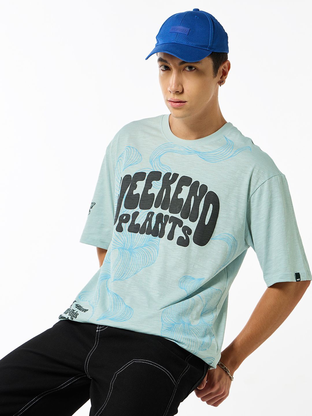 

Bewakoof Air 1.0 Men Grey Weekend plants Graphic Printed Oversized T-shirt, Blue