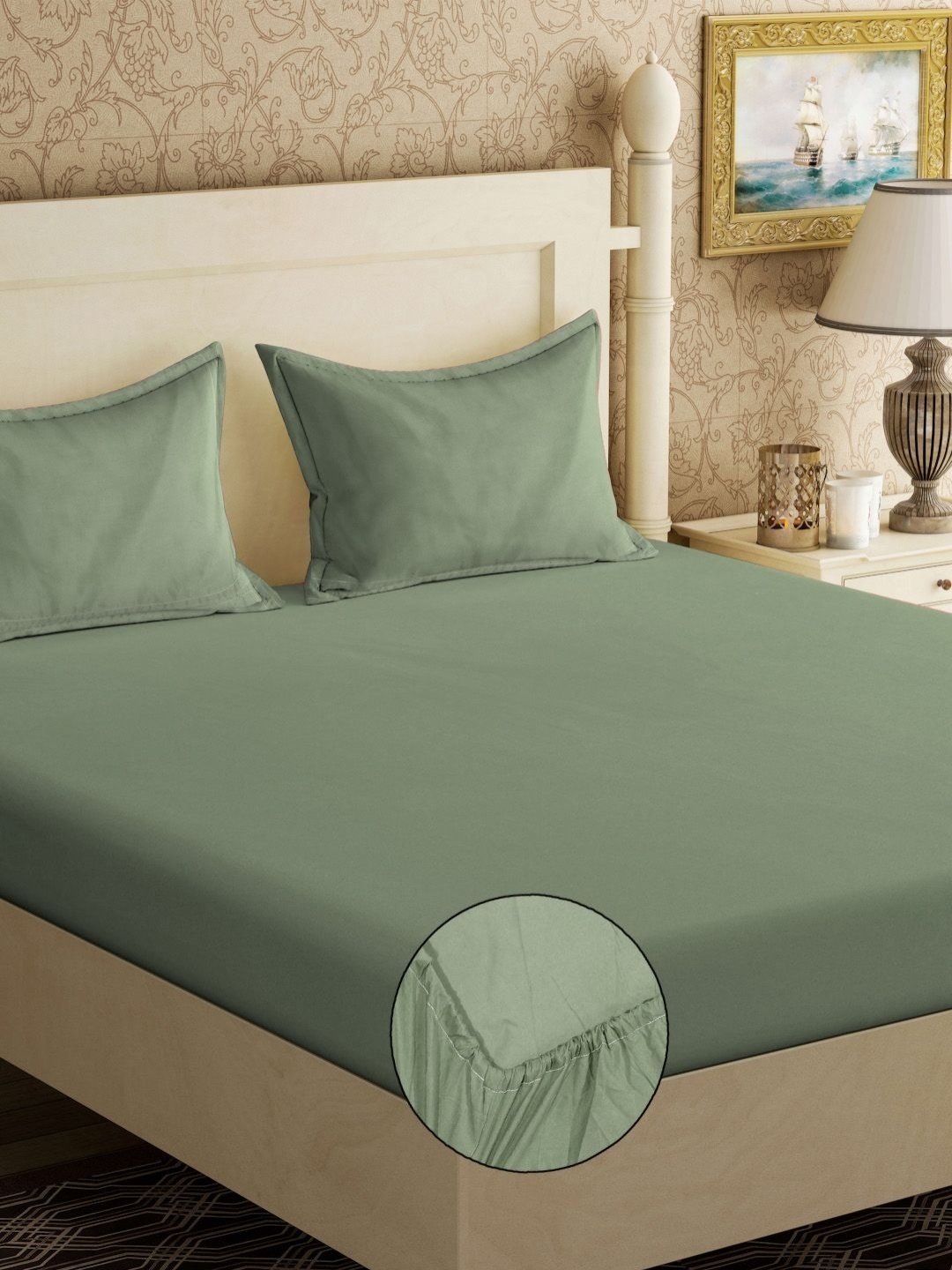 

KLOTTHE Green Solid 300 TC Cotton Blend Fitted Double King Bedsheet with 2 Pillow Covers