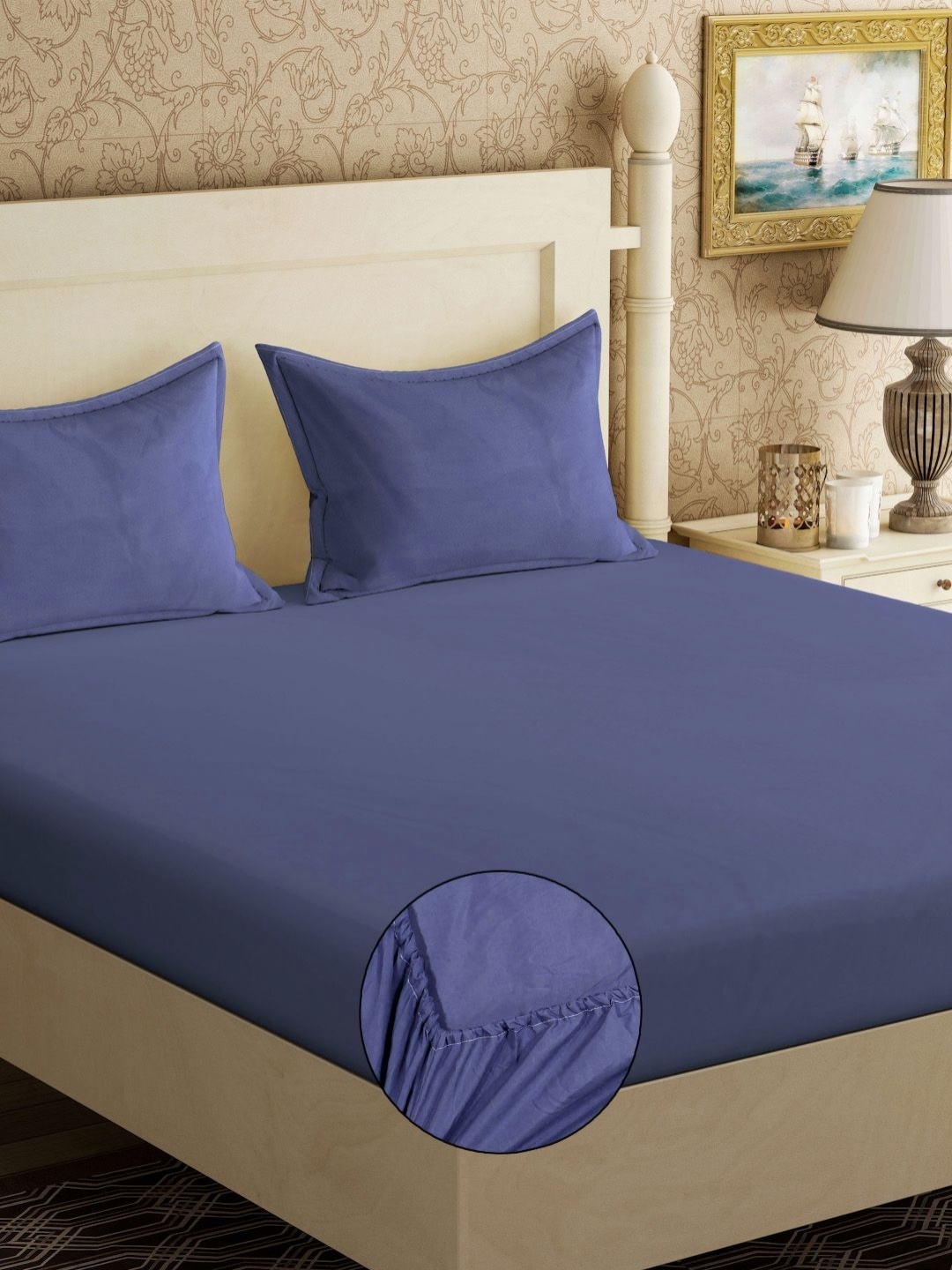 

KLOTTHE Blue Solid 300 TC Cotton Blend Fitted Double King Bedsheet with 2 Pillow Covers