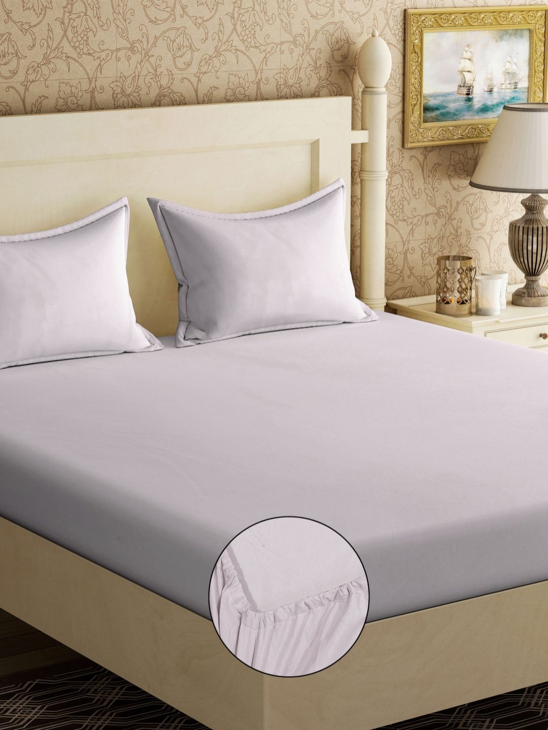 

KLOTTHE Beige Solid 300 TC Cotton Blend Fitted Double King Bedsheet with 2 Pillow Covers