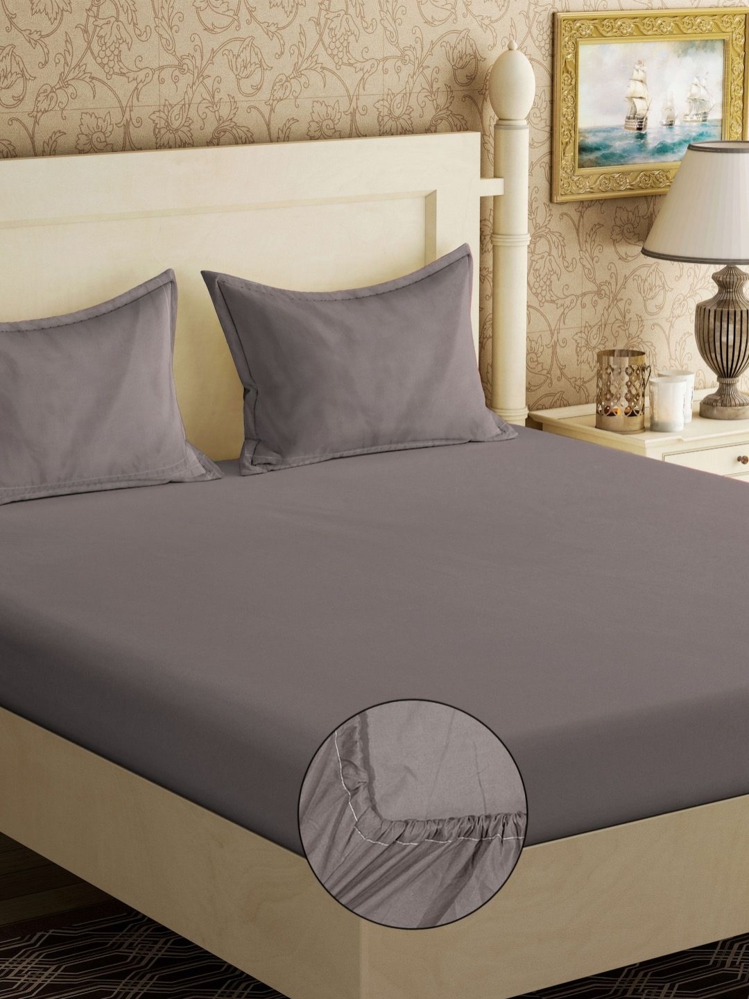 

KLOTTHE Grey Solid 300 TC Cotton Blend Fitted Double King Bedsheet with 2 Pillow Covers