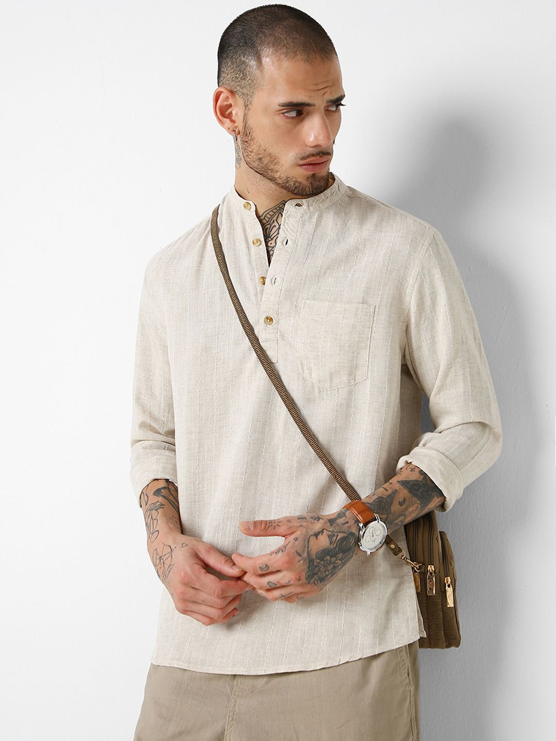 

VASTRADO Woven Design Mandarin Collar Cuffed Sleeves Kurta, Beige