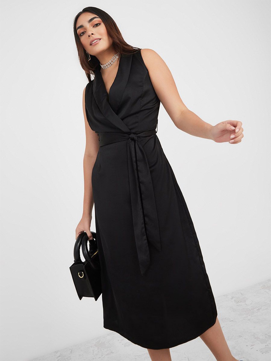 

Styli Women Notch Lapel Tie Belt Blazer Midi Dress, Black