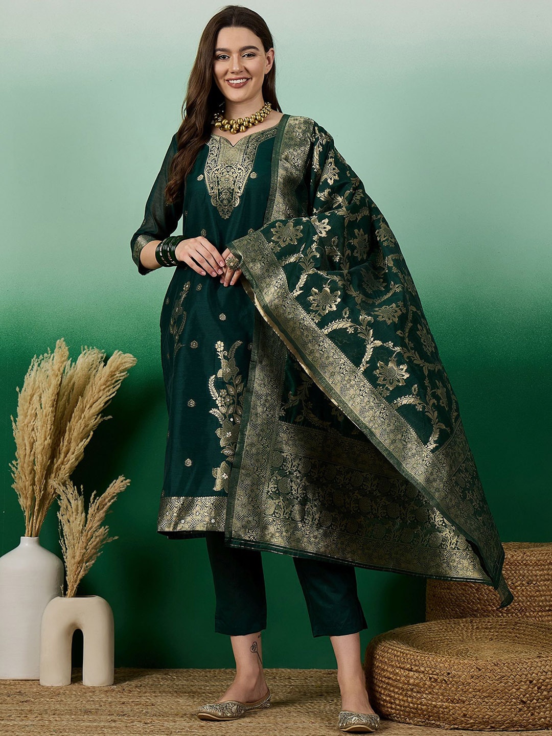 

SERONA FABRICS Floral Woven Design Chanderi Cotton Kurta With Trousers & Dupatta, Green