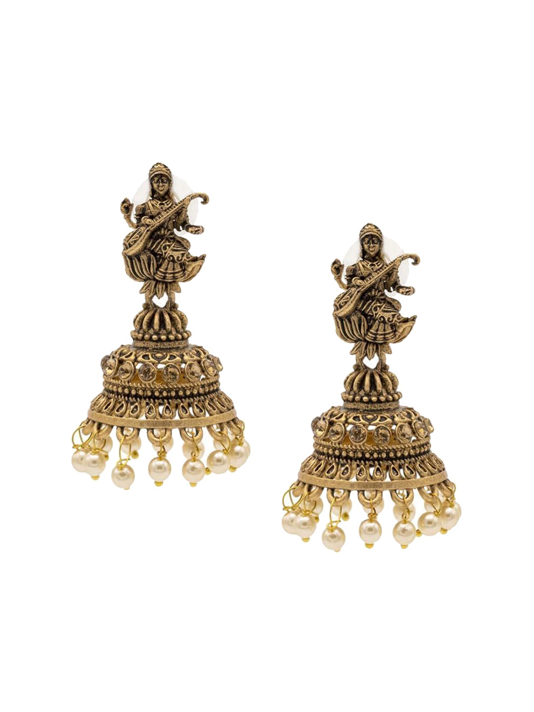 

Shining Jewel - By Shivansh Gold-Plated Artificial Beads Temple Jhumkas Earrings, White