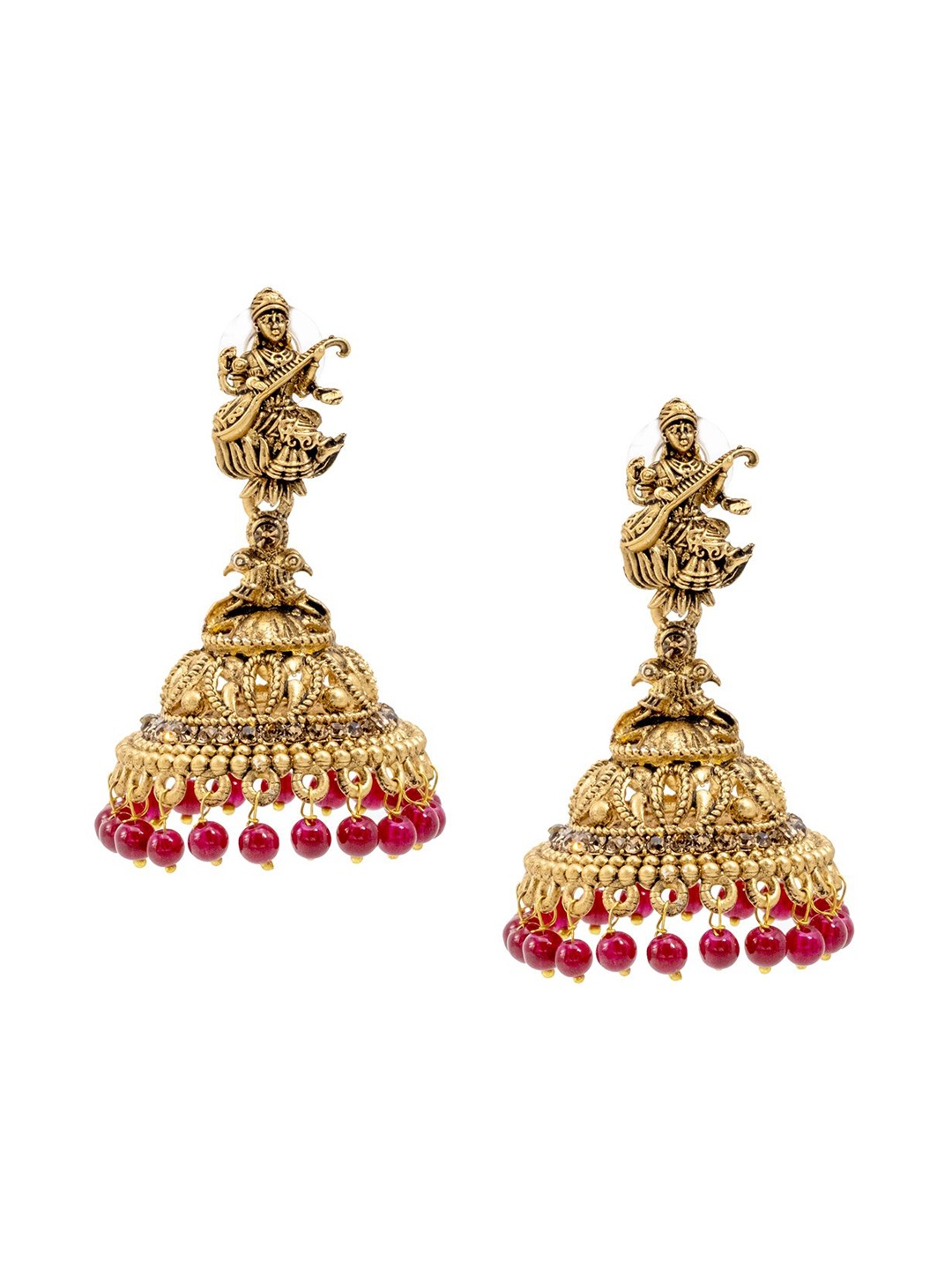 

Shining Jewel - By Shivansh Gold-Plated Artificial Beads Temple Jhumkas Earrings, Maroon