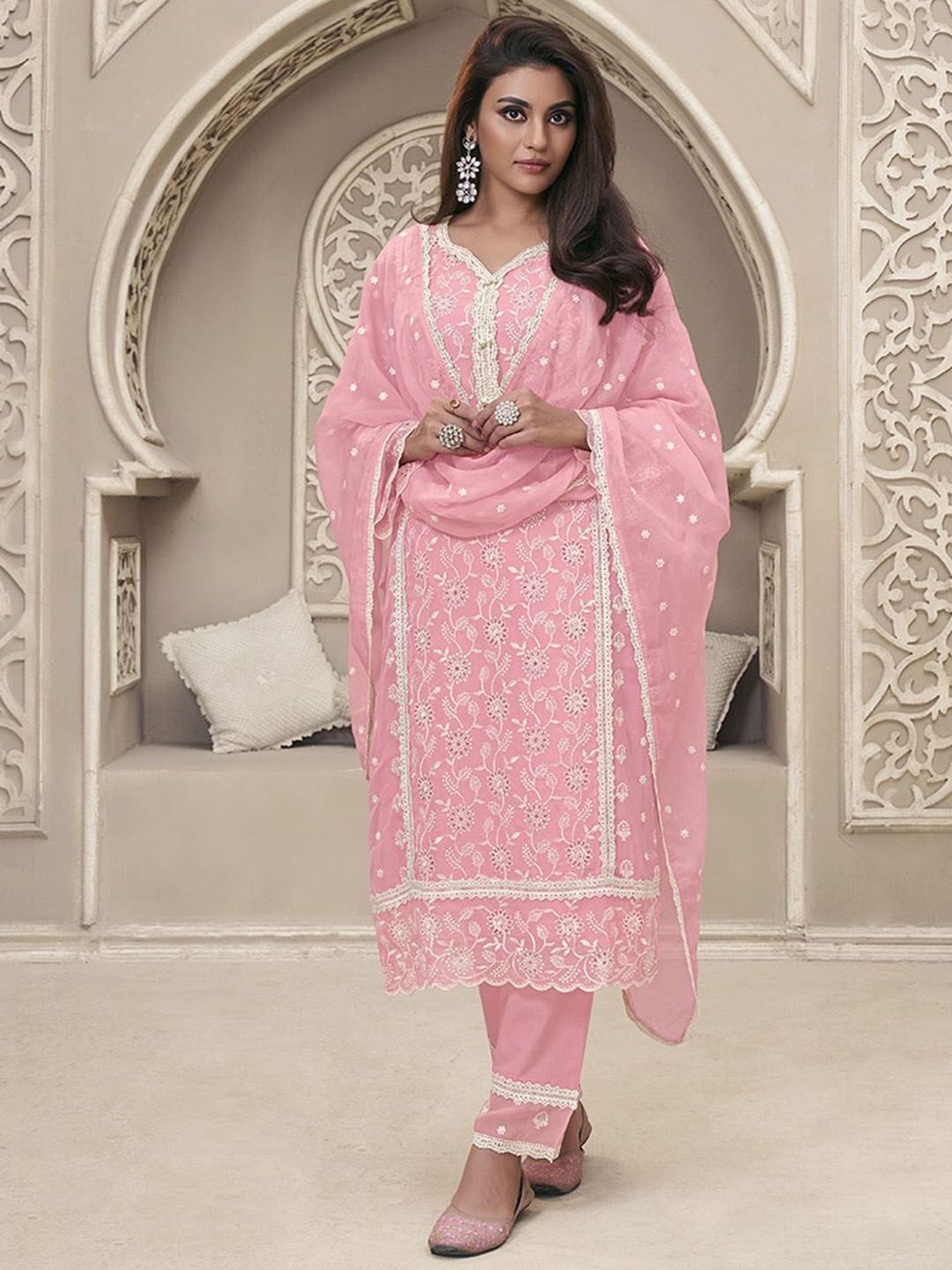 

Seerat Ethnic Motifs Embroidered Thread Work Kurta With Trousers & Dupatta, Pink