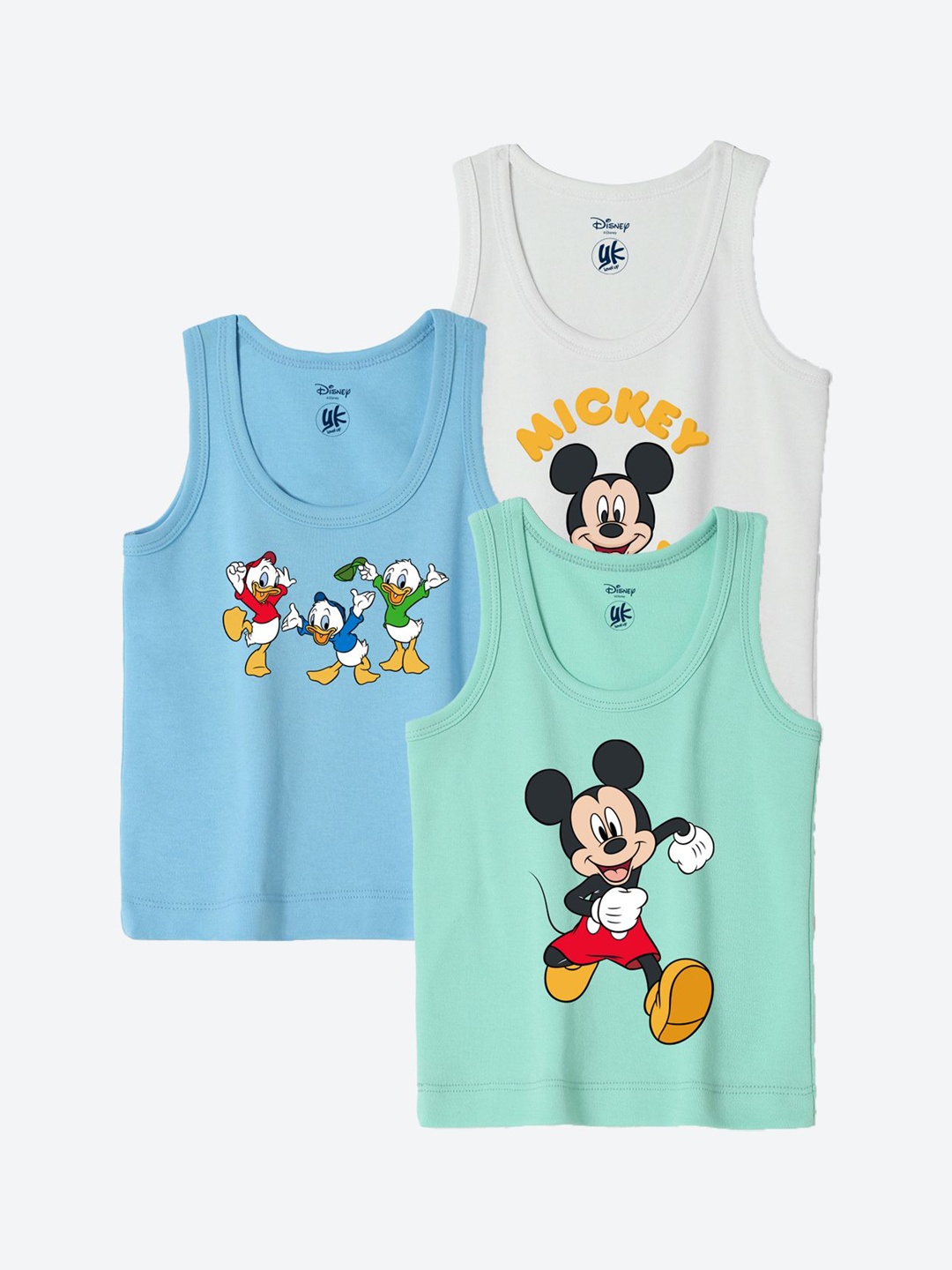 

YK Disney Infants Pack Of 3 Mickey Mouse Printed Bio Wash Innerwear Vests YKIFVDPO3008, White