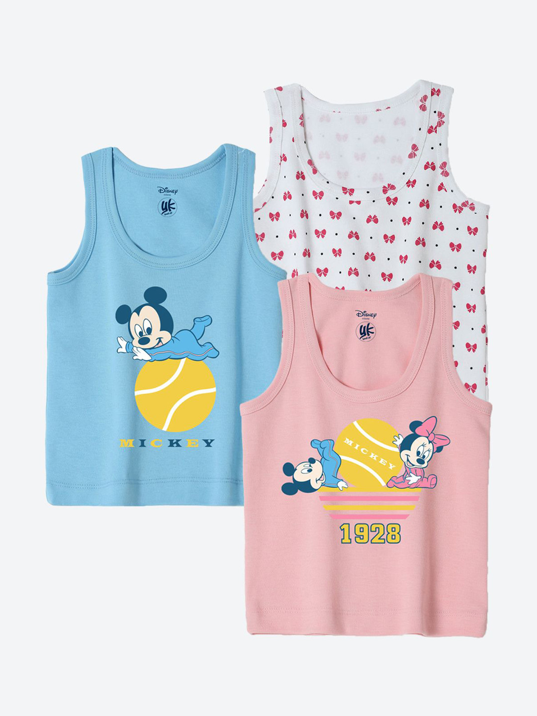 

YK Disney Infants Pack Of 3 Mickey & Minnie Printed Basic Innerwear Vests YKIFVDPO3006, White