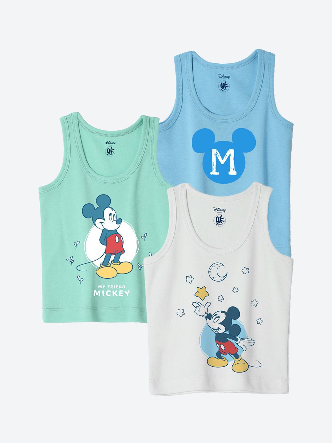 

YK Disney Infants Pack Of 3 Mickey Mouse Printed Innerwear Vests YKIFVDPO3012, Green