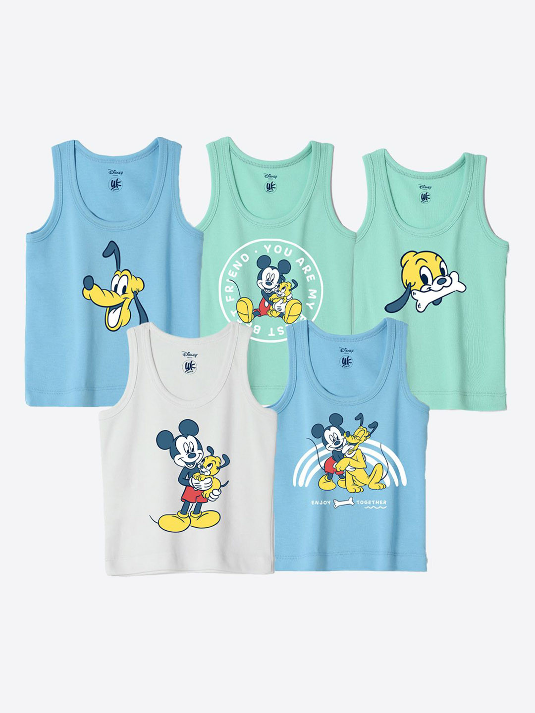 

YK Disney Infants Pack Of 5 Mickey & Friends Printed Basic Innerwear Vests YKIFVDPO5005, Green