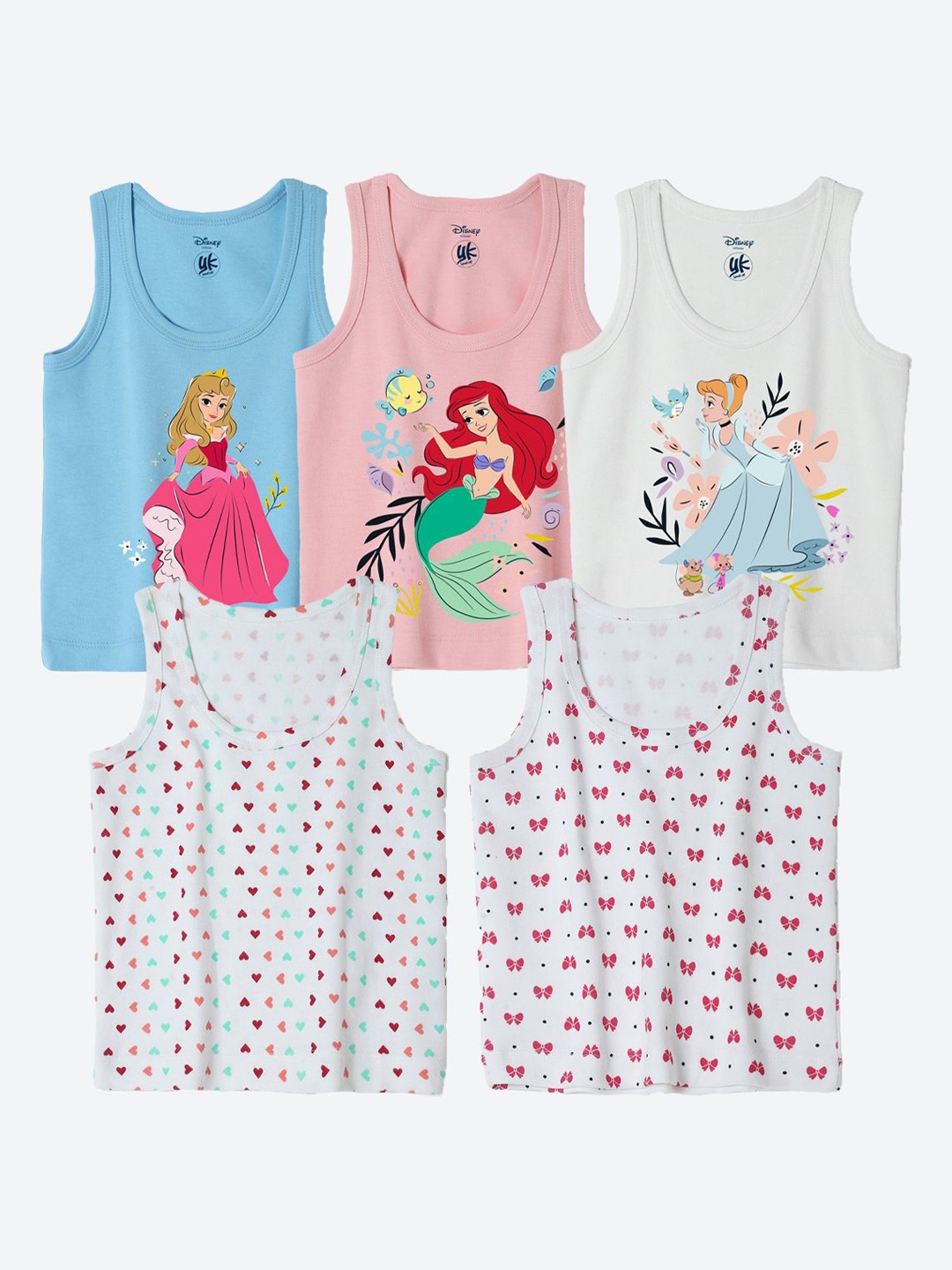 

YK Disney Infants Pack Of 5 Cinderella Printed Basic Innerwear Vests YKIFVDPO5015, White