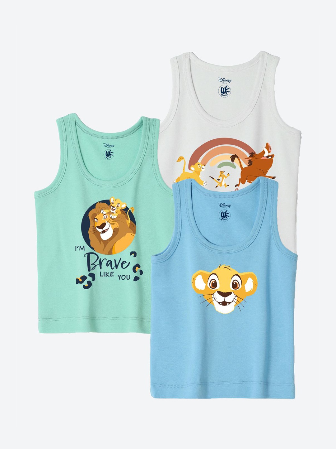 

YK Disney Infants Pack Of 3 Simba Printed Sleeveless Basic Innerwear Vests YKIFVDPO3011, Green
