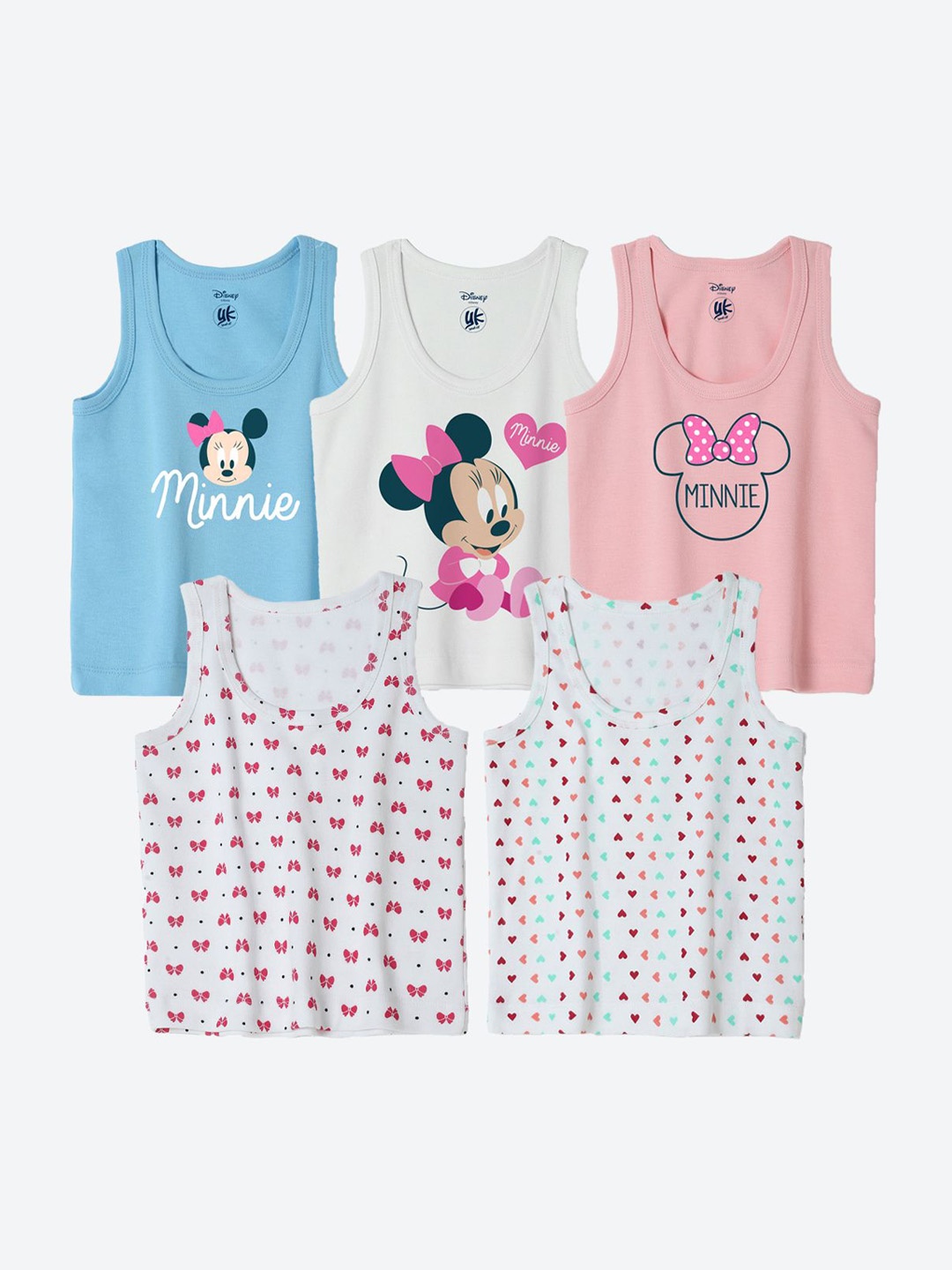 

YK Disney Infants Pack Of 5 Minnie Mouse Printed Basic Innerwear Vests, Blue