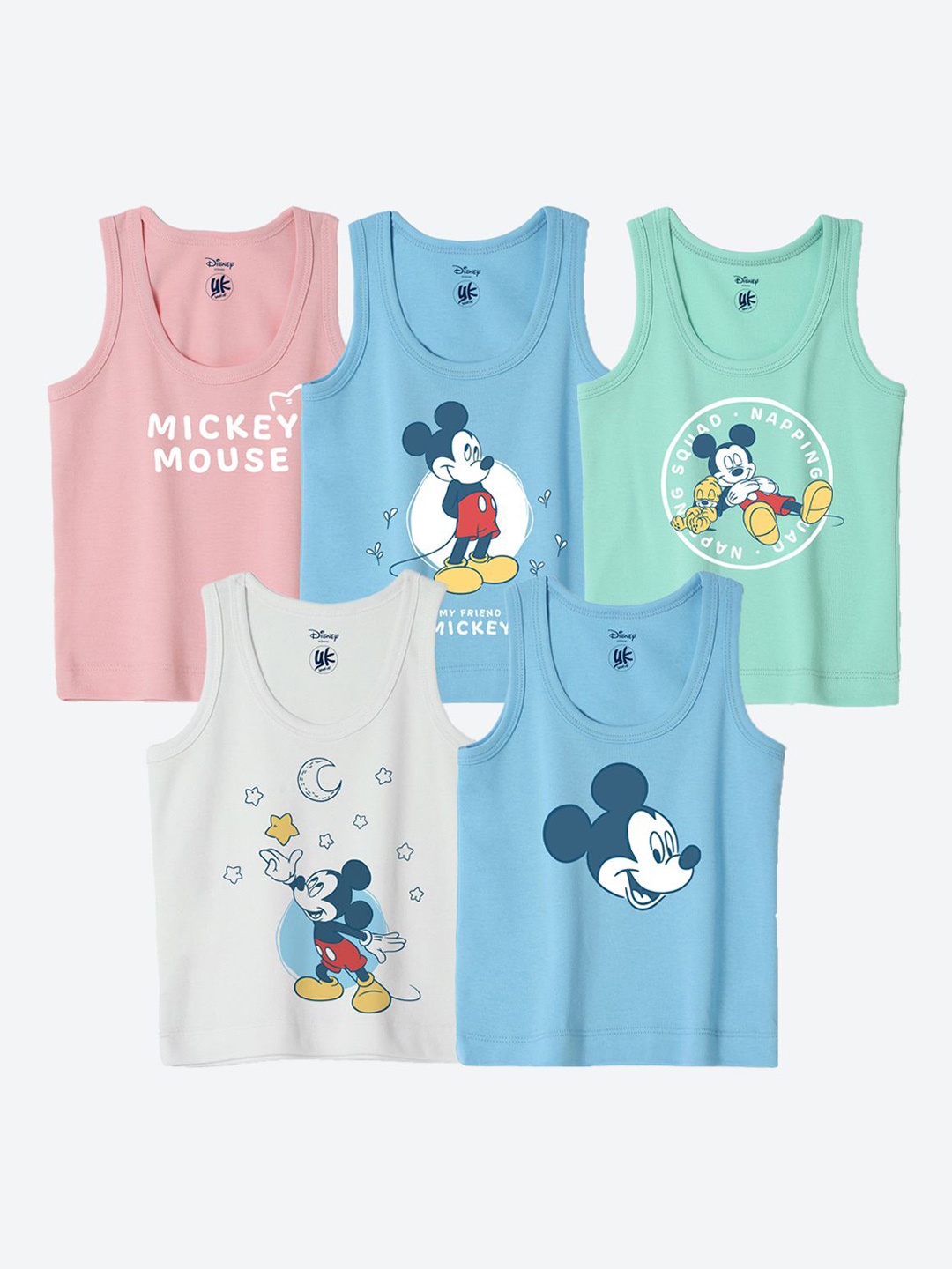 

YK Disney Infants Pack Of 5 Mickey Mouse Printed Innerwear Vests, Blue