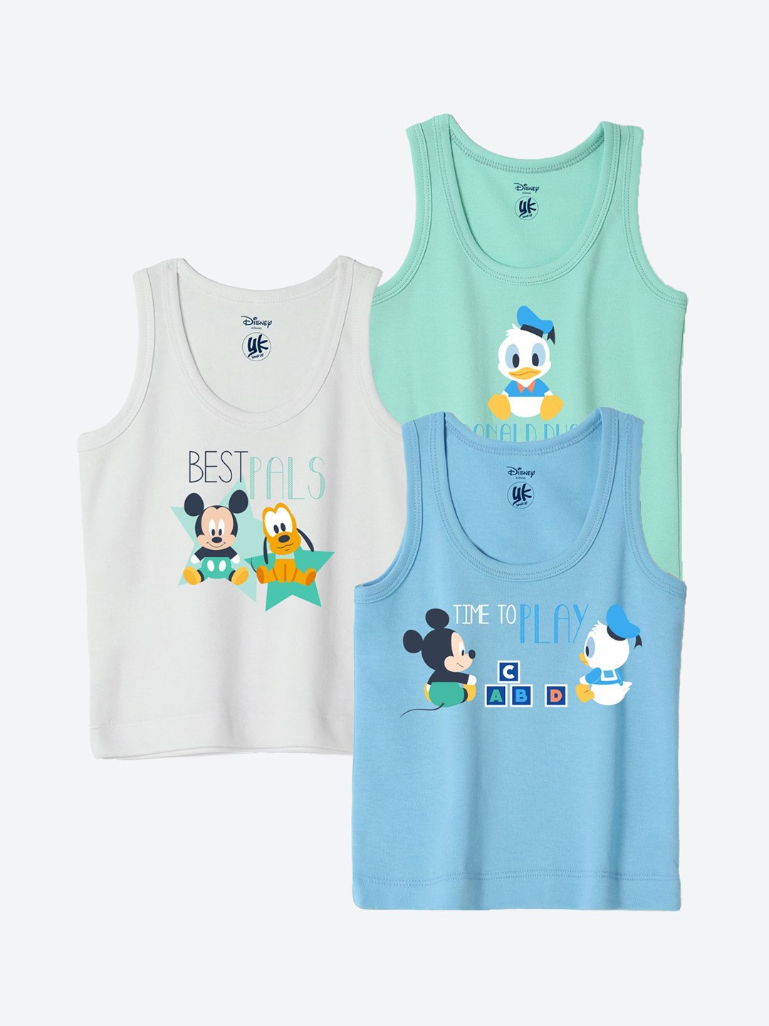 

YK Disney Infants Pack Of 3 Mickey & Friends Printed Basic Innerwear Vests YKIFVDPO3009, Green