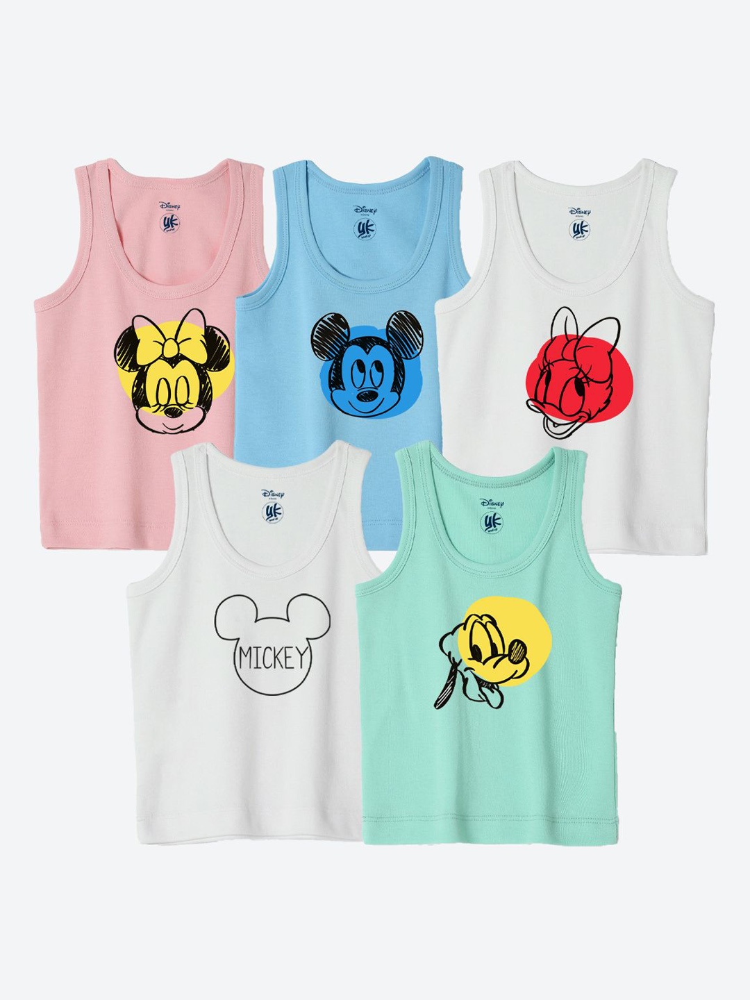 

YK Disney Infants Pack Of 5 Mickey & Friends Printed Basic Innerwear Vests YKIFVDPO5002, Blue