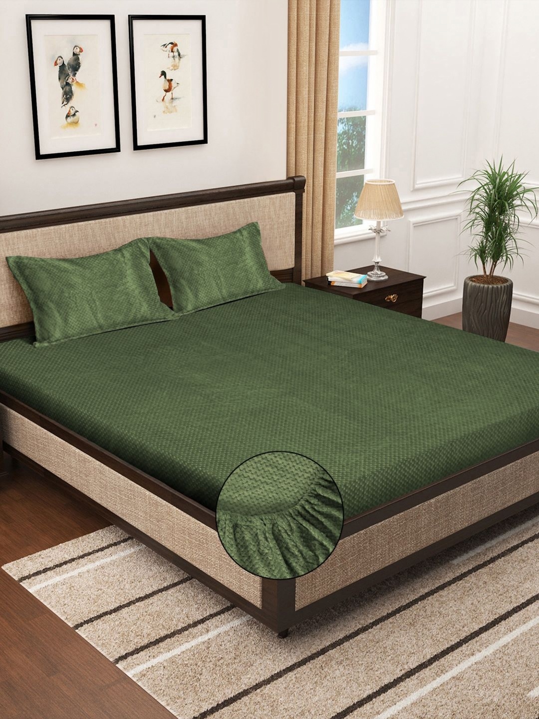 

KLOTTHE Green Fitted 300TC Woolen Double King Bedsheet With 2 Pillow Covers