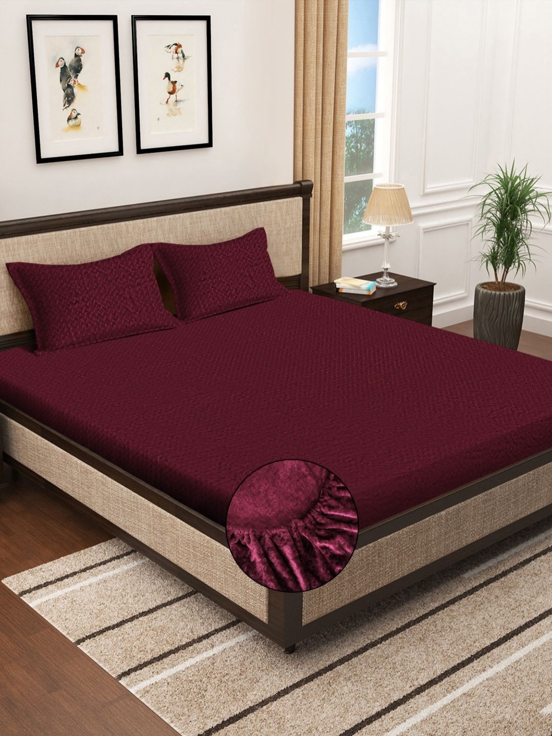 

KLOTTHE Maroon Fitted 300TC Woolen Fitted Double King Bedsheet & Pillow Covers
