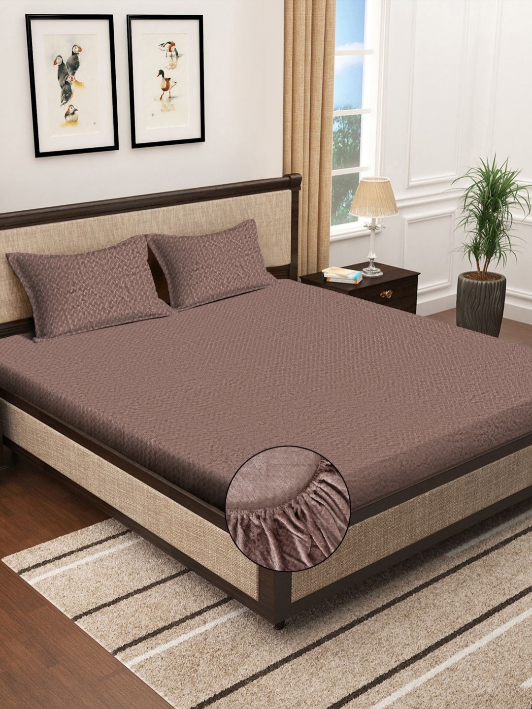 

KLOTTHE Brown Fitted 300TC Woolen Fitted Double King Bedsheet & 2 Pillow Covers