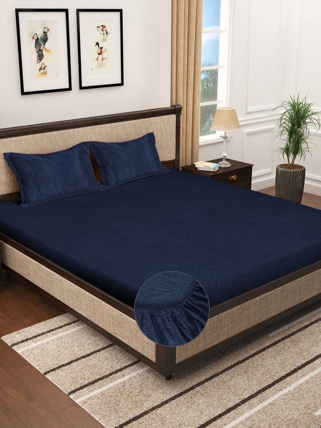 

KLOTTHE Blue Fitted 300TC Woolen Fitted Double King Bedsheet & Pillow Covers, Navy blue