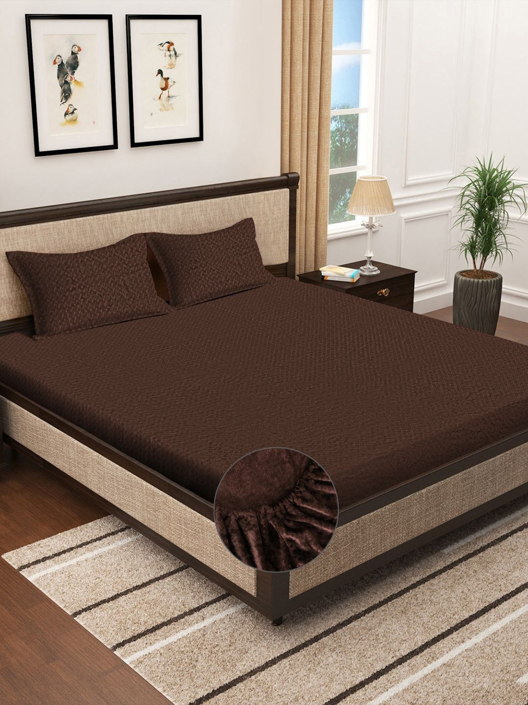 

KLOTTHE Brown Fitted 300TC Woolen Fitted Double King Bedsheet & Pillow Covers