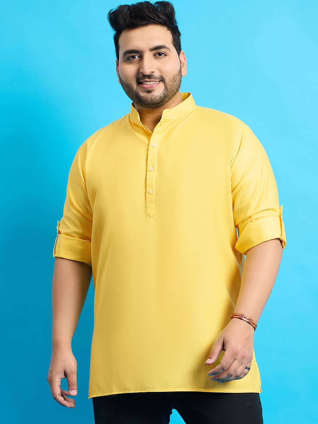 bigbanana Plus Size Mandarin Collar Straight Kurta, Yellow