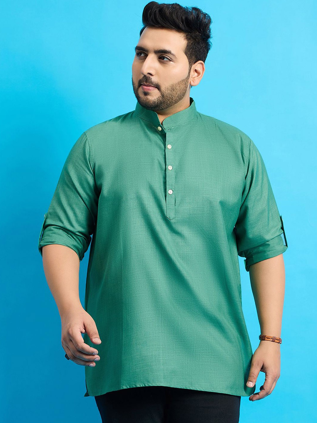 

bigbanana Plus Size Mandarin Collar Thread Work Straight Short Kurta, Green