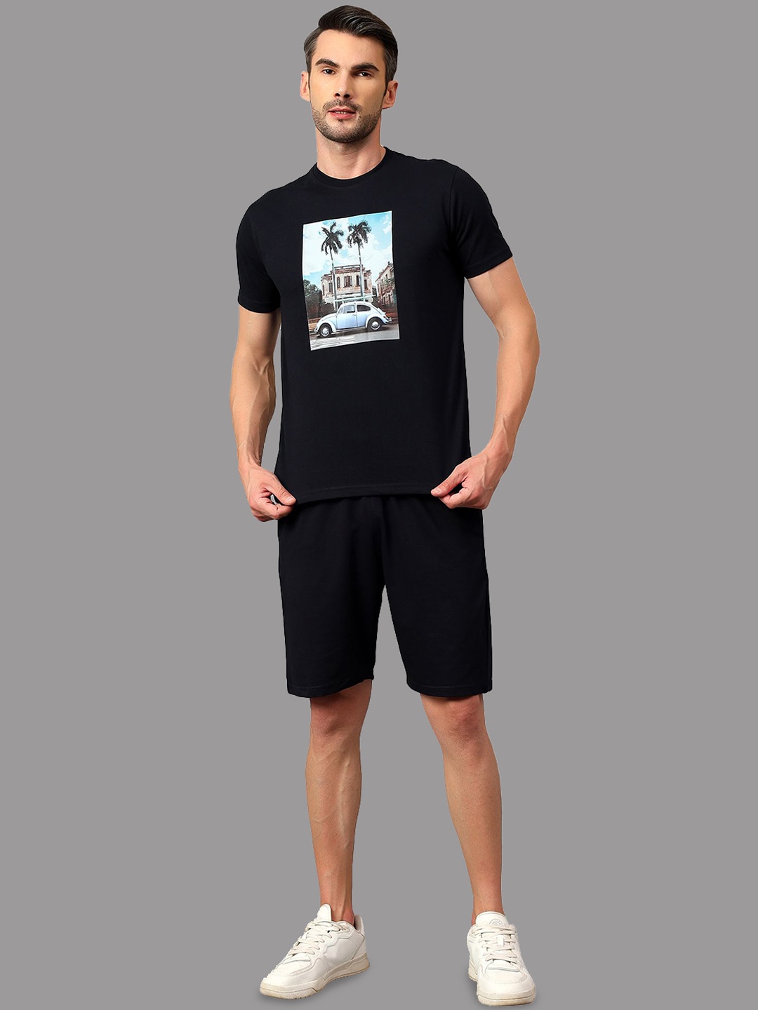 

Cantabil Graphic Printed Round Neck Short Sleeves T-Shirt & Shorts, Navy blue