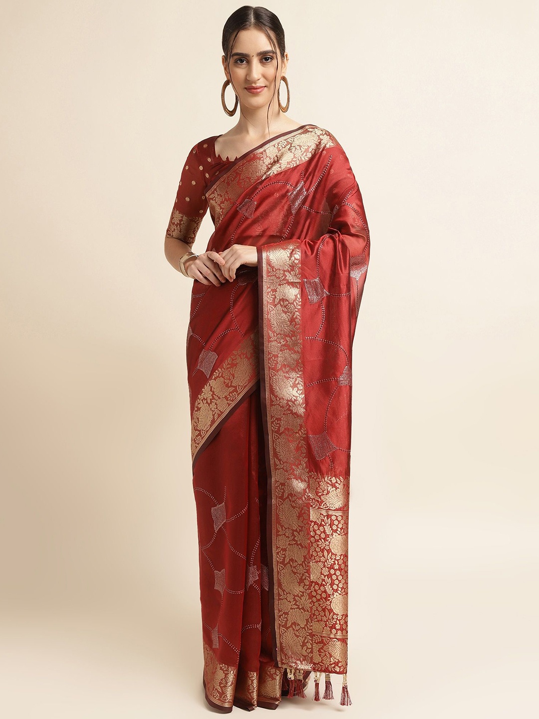 

Ishin Ethnic motif Zari Woven Sequinned Banarasi Saree, Maroon