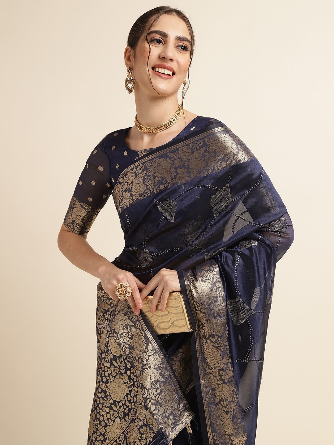 

Ishin Ethnic motif Zari Woven Sequinned Banarasi Saree, Navy blue