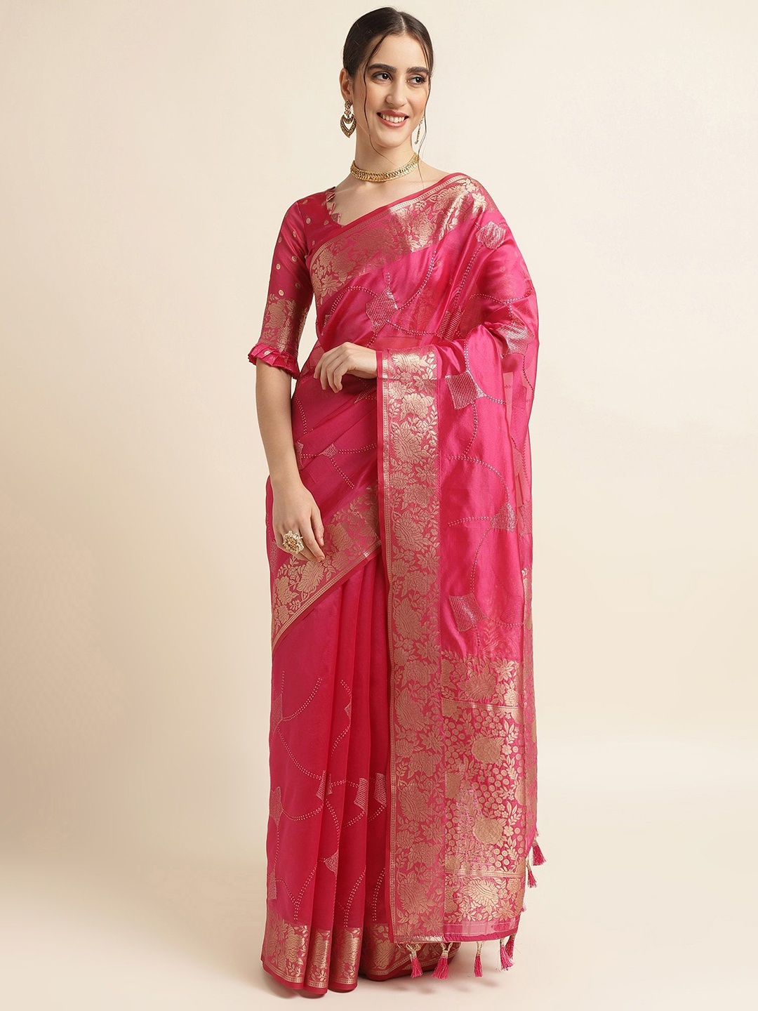

Ishin Ethnic motif Zari Woven Sequinned Banarasi Saree, Pink