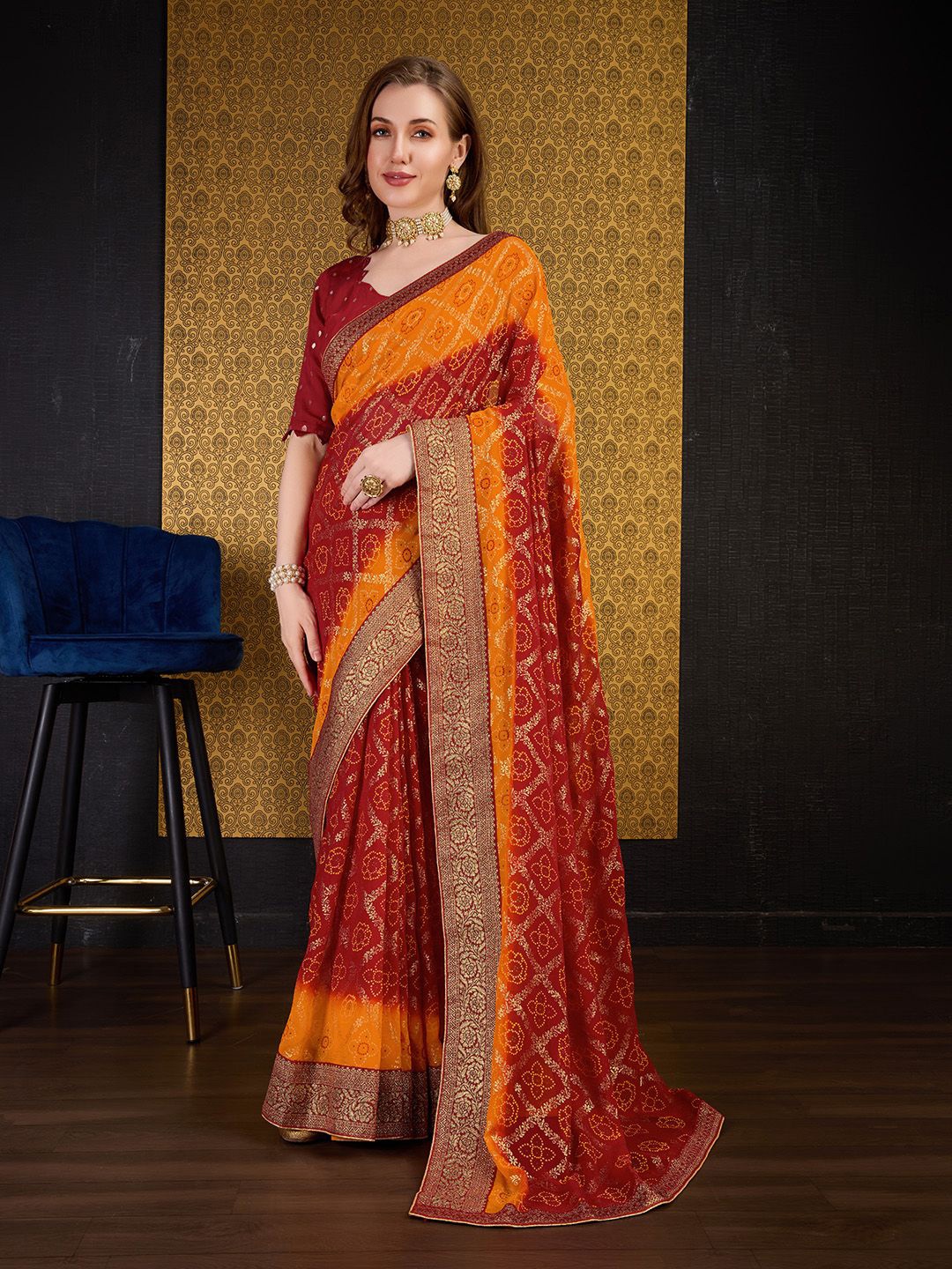 

Ishin Zari woven Ethnic motif Bandhni Printed Saree, Red