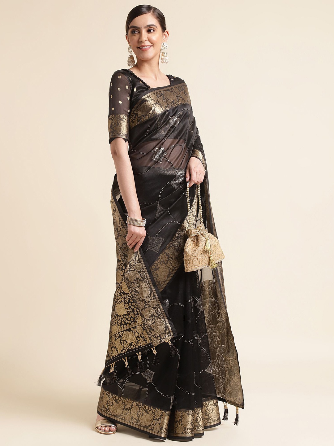 

Ishin Ethnic motif Zari Woven Sequinned Banarasi Saree, Black