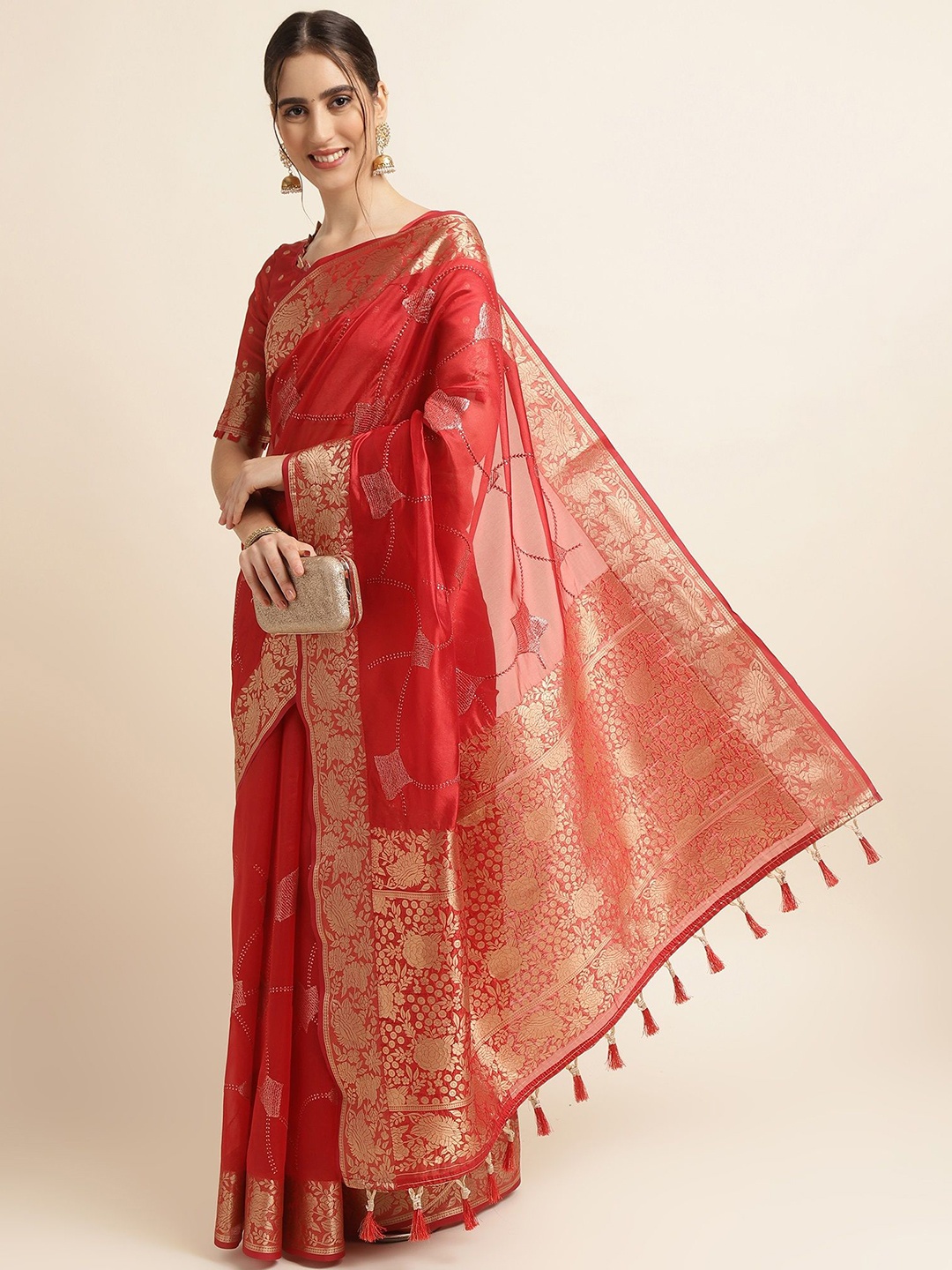 

Ishin Ethnic motif Zari Woven Sequinned tasseled Banarasi Saree, Red