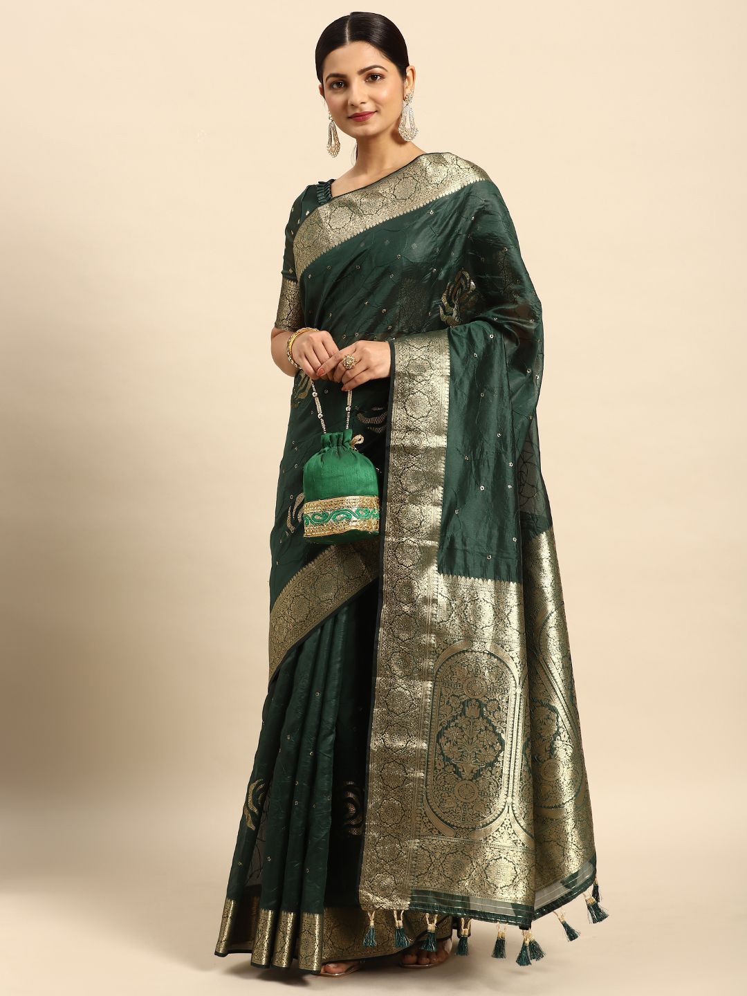 

Ishin Ethnic motif Zari Woven Sequinned tasseled Banarasi Saree, Green