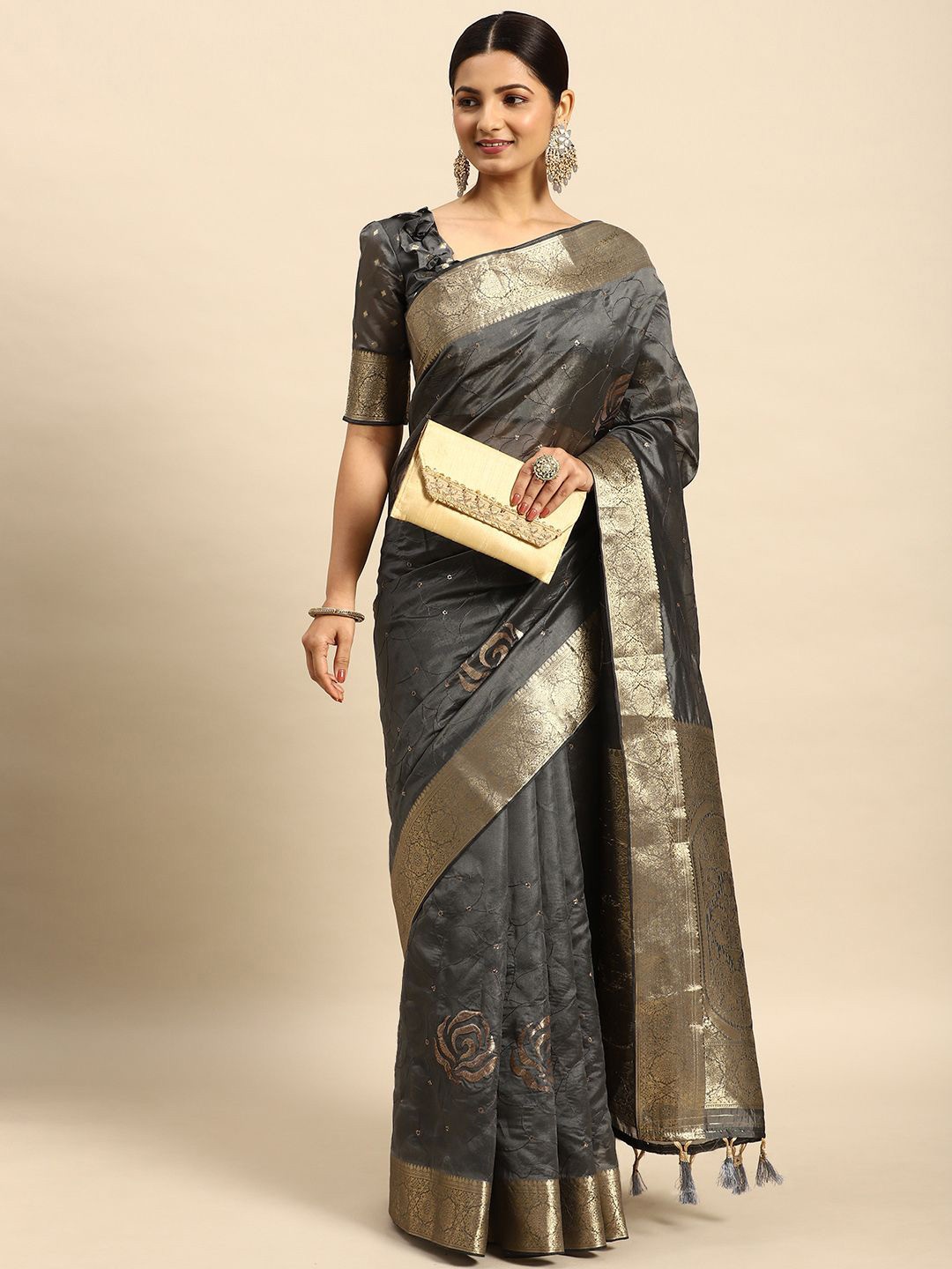 

Ishin Ethnic motif Zari Woven Sequinned tasseled Banarasi Saree, Grey