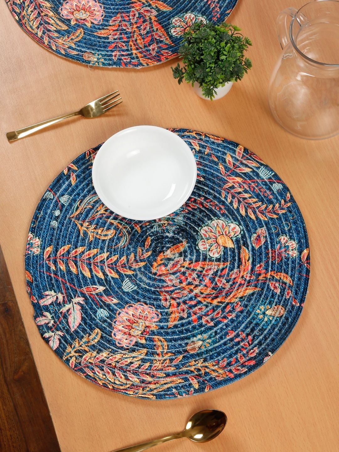 

HOSTA HOMES Blue & Red 6 Pieces Textured Floral Printed Cotton Table Placemats