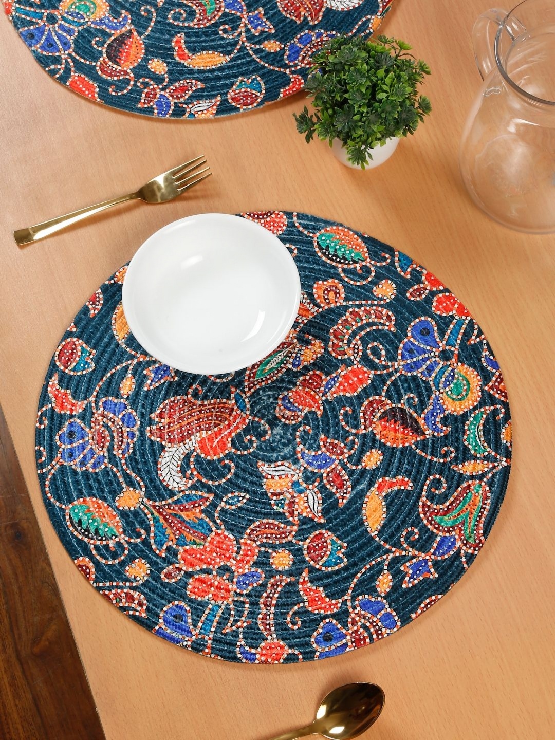 

HOSTA HOMES Blue & Red 4 Pieces Floral Printed Cotton Round Table Placemats